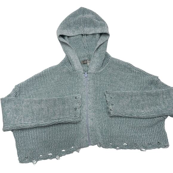 Urban Outfitters Jacket Womens Small Blue Rhode Distressed Hooded Cardigan Crop - Picture 2 of 12